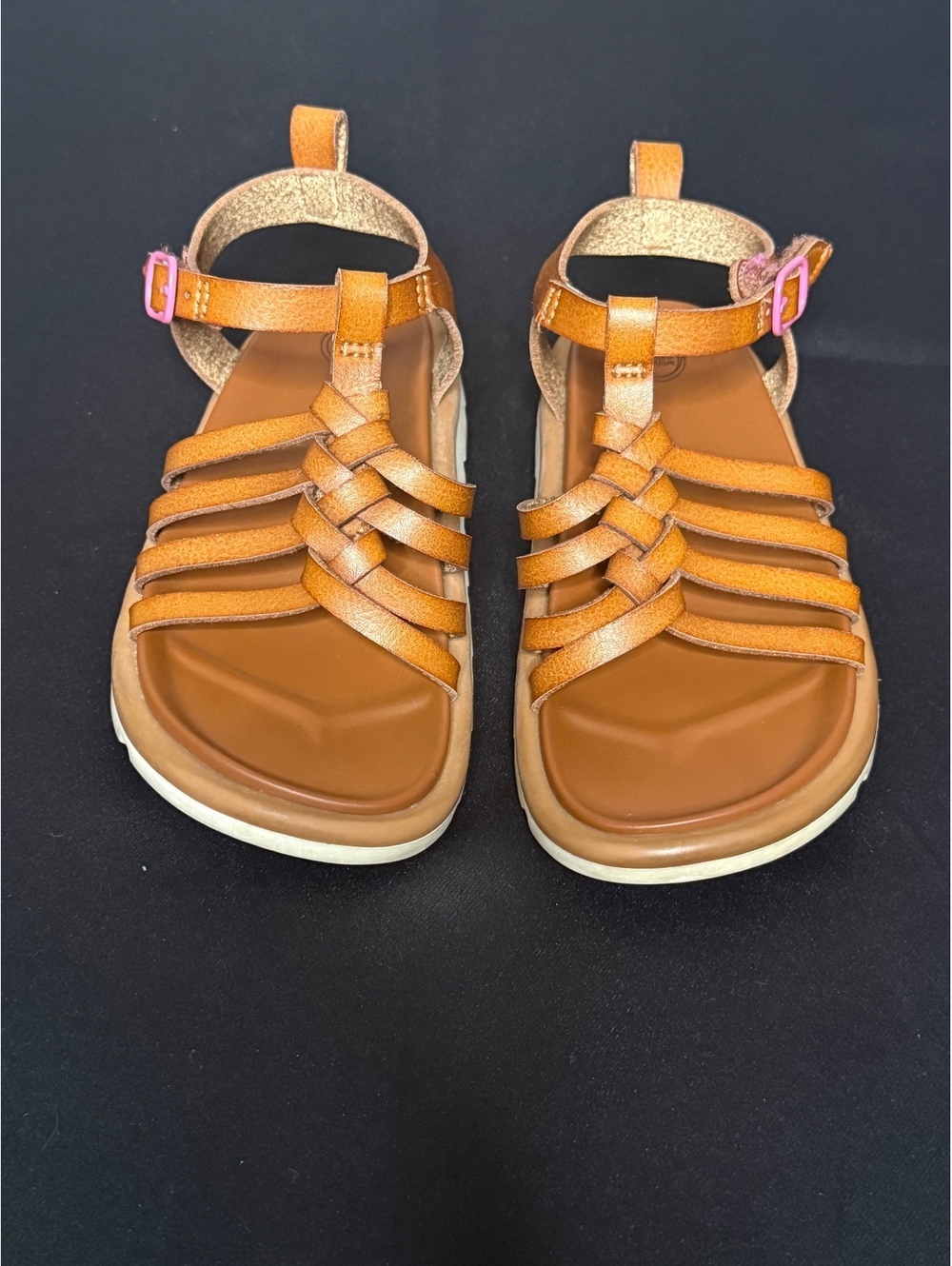 Kids Brown Strappy Sandals with Pink Buckle
